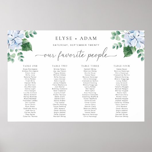 Poster Carte de siège de table de banquet Blue Hydrangea  (Devant)