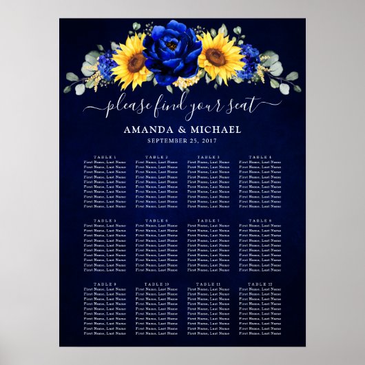 Poster Carte de siège du Mariage de tournesol Royal Blue  (Devant)