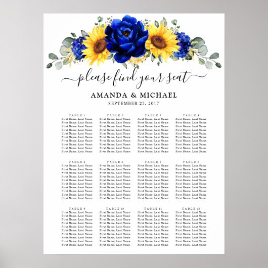 Poster Carte de siège du Mariage de tournesol Royal Blue (Devant)