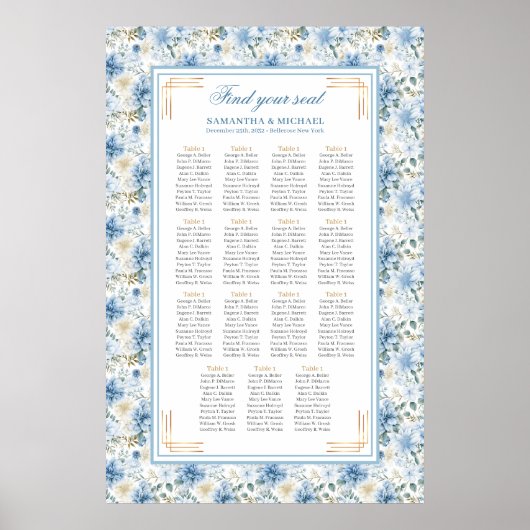 Poster Carte de siège en or bleu Dusty romantique (Devant)