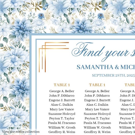 Poster Carte de siège en or bleu Dusty romantique