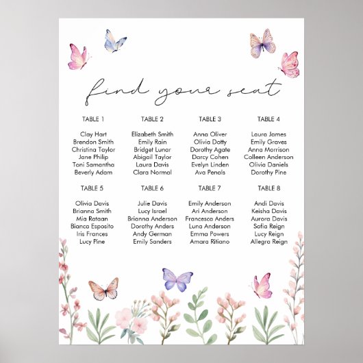 Poster Carte de siège Fête des mariées des papillons aqua (Devant)