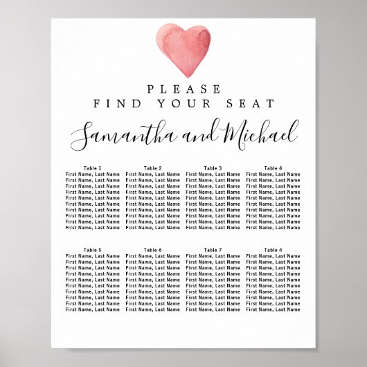 Poster Carte de siège Mariage à 8 tables du coeur d'aquar (Devant)