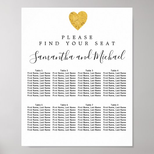 Poster Carte de siège Mariage à 8 tables en feuille d'or (Devant)