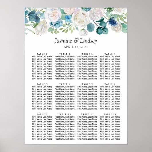 Poster Carte de siège Mariage bleu vert blanc (Devant)