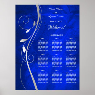 Poster Carte de siège Mariage bleu vif à feuille d'argent