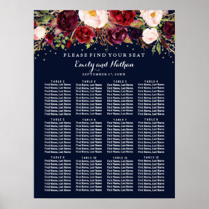 Poster Carte de siège mariage Burgundy Gold Navy Floral