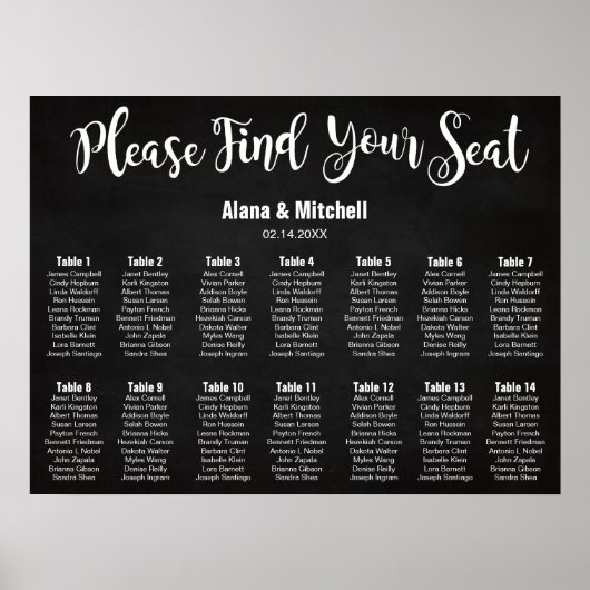 Poster Carte de siège mariage, Calligraphie Couleur perso (Devant)