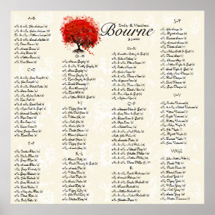 Poster Carte de siège Mariage damassé Feuille de coeur ro