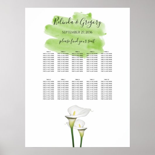 Poster Carte de siège Mariage d'aquarelle Calla Lilies (Devant)