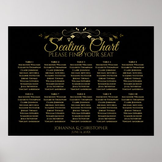 Poster Carte de siège Mariage de 10 tables Gold & Black (Devant)