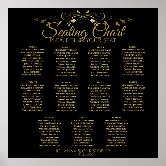 Poster Carte de siège Mariage de 11 tables Gold & Black (Devant)