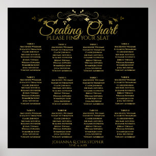 Poster Carte de siège Mariage de 12 tables Gold & Black