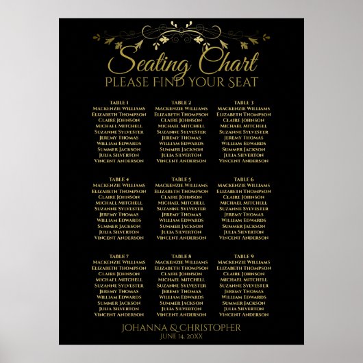 Poster Carte de siège Mariage de 9 tables Gold & Black (Devant)