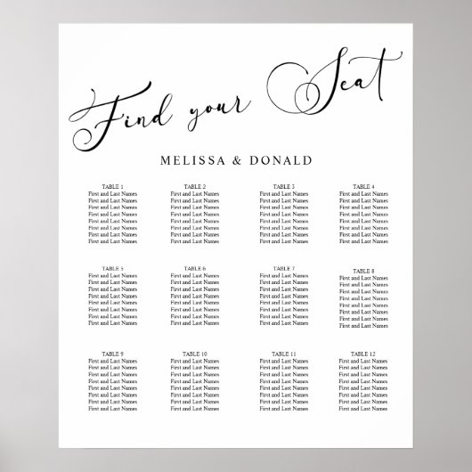 Poster Carte de siège Mariage de script simple en noir mo (Devant)