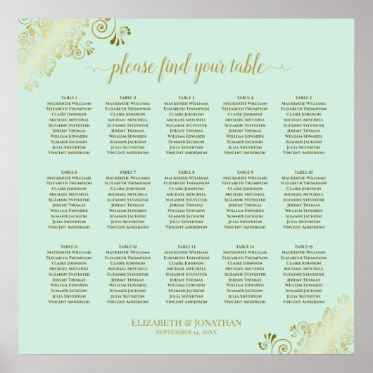 Poster Carte de siège Mariage de table Mint Green & Gold (Devant)