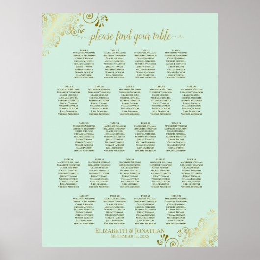 Poster Carte de siège Mariage de table Mint Green & Gold (Devant)