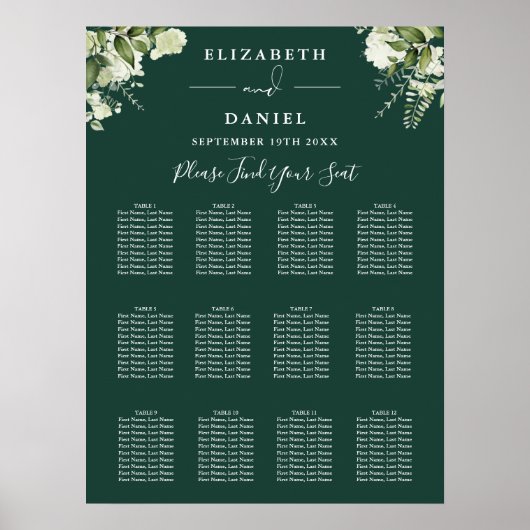 Poster Carte de siège Mariage Emerald Floral Greenery (Devant)