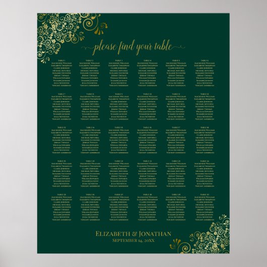 Poster Carte de siège Mariage Emerald Green Gold 30 Table (Devant)