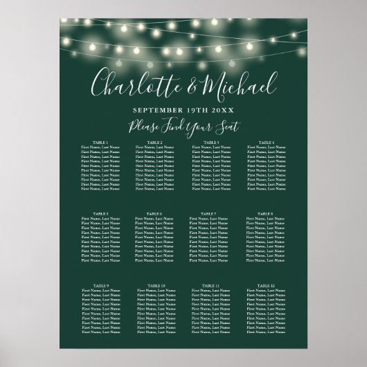 Poster Carte de siège Mariage Emerald Green String Lights (Devant)