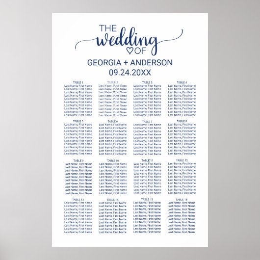 Poster Carte de siège Mariage en calligraphie simple bleu (Devant)