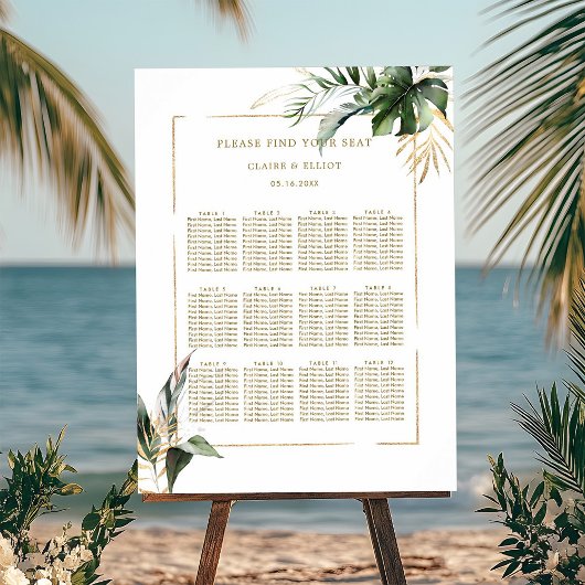 Poster Carte de siège Mariage en or de feuillage tropical