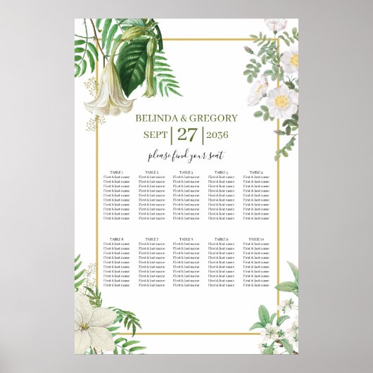 Poster Carte de siège Mariage en or vert blanc (Devant)