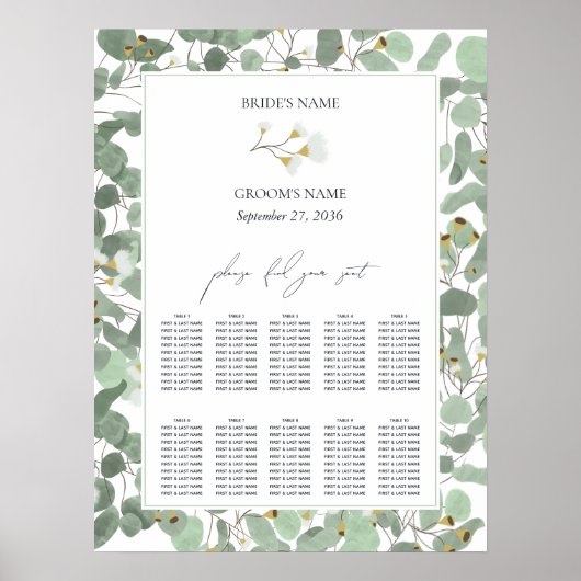 Poster Carte de siège Mariage Eucalyptus aquarelle (Devant)