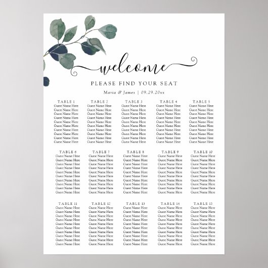 Poster Carte de siège Mariage Feuille Eucalyptus (Devant)