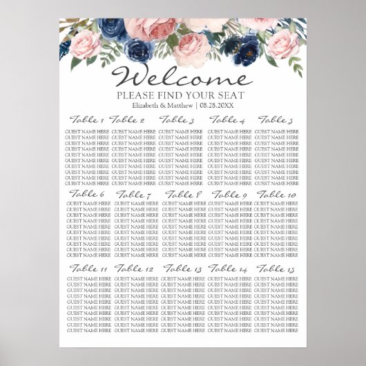 Poster Carte de siège Mariage floral bleu bleu marine (Devant)