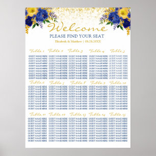 Poster Carte de siège Mariage floral bleu et jaune