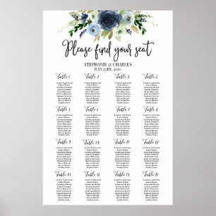 Poster Carte de siège Mariage floral couleur bleu