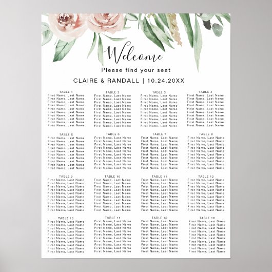 Poster Carte de siège Mariage floral rose vert (Devant)