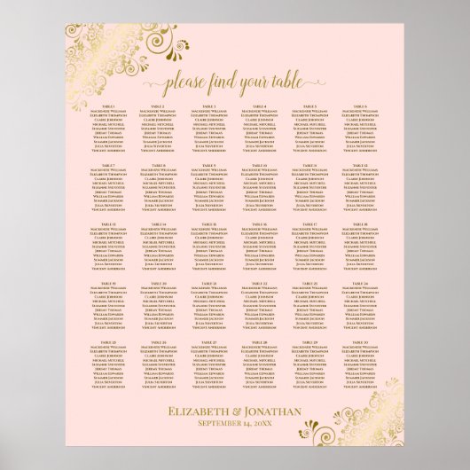 Poster Carte de siège Mariage Gold & Blush Pink 30 Table (Devant)