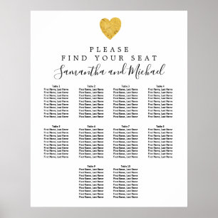 Poster Carte de siège Mariage Gold Foil Heart 10 tables
