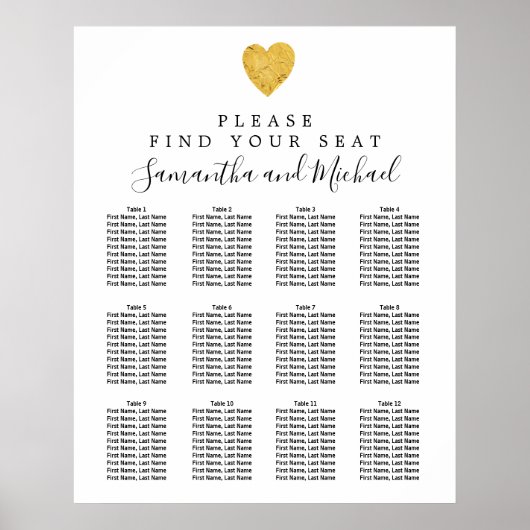 Poster Carte de siège Mariage Gold Foil Heart 12 tables (Devant)