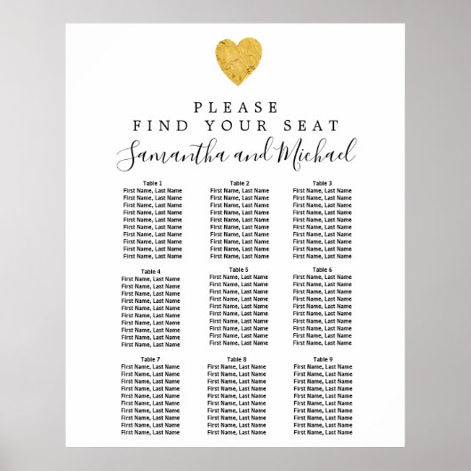 Poster Carte de siège Mariage Gold Foil Heart 9 tables (Devant)