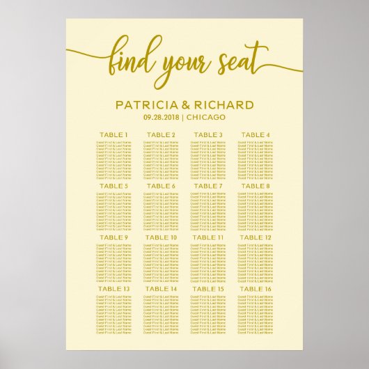 Poster Carte de siège mariage Gold Ivory Calligraphie (Devant)