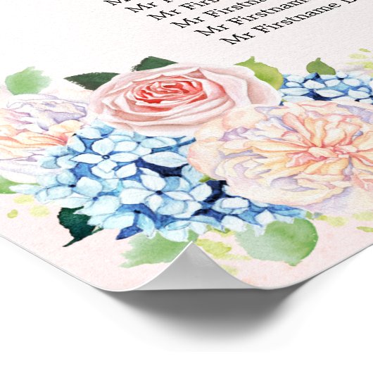 Poster Carte de siège mariage Hydrangea rose Floral (Coin)