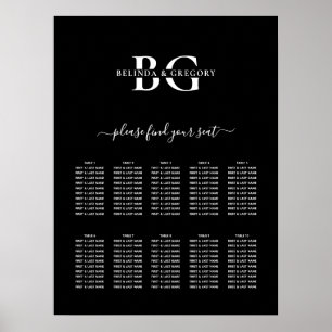 Poster Carte de siège Mariage Monogramme noir et blanc