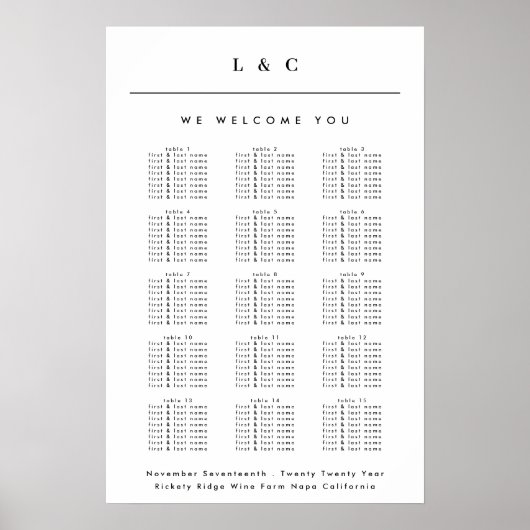 Poster Carte de siège Mariage noir blanc classique (Devant)