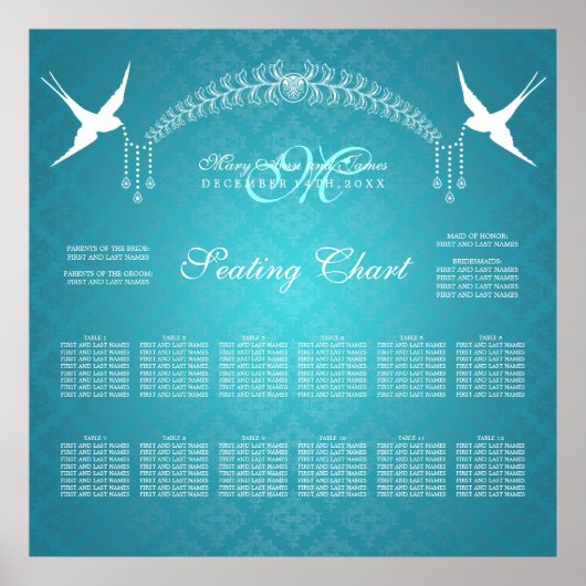 Poster Carte de siège mariage Oiseaux Monogramme Turquois (Devant)