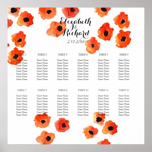 Poster Carte de siège Mariage pour fleurs de pavot à ress (Devant)