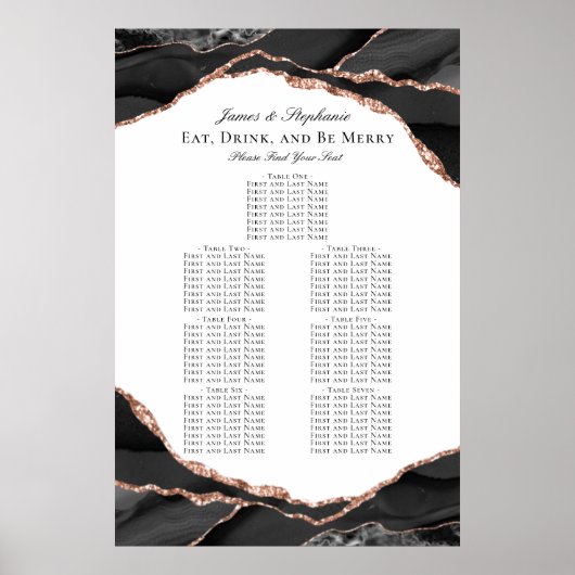 Poster Carte de siège Mariage rose Gold Black Agate (Devant)