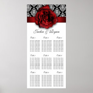Poster Carte de siège mariage Rose rouge Damask