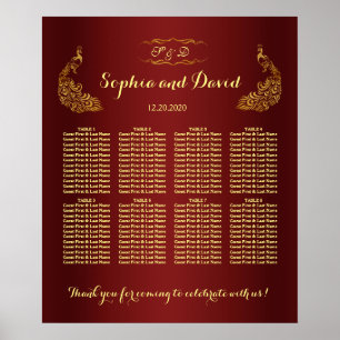 Poster Carte de siège Mariage Royal Burgundy Gold Peacock