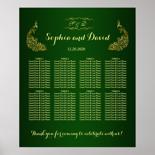 Poster Carte de siège Mariage Royal Green Gold Peacock (Devant)