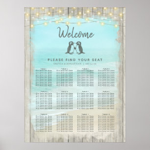 Poster Carte de siège Mariage Rustic Beach Penguins