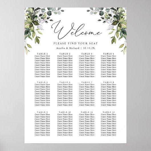 Poster Carte de siège Mariage Rustique Eucalyptus Vert (Devant)