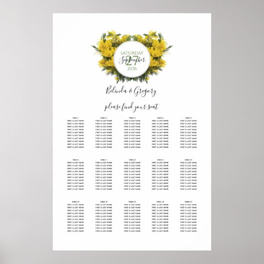 Poster Carte de siège Mariage Rustique Wattle Acacia (Devant)